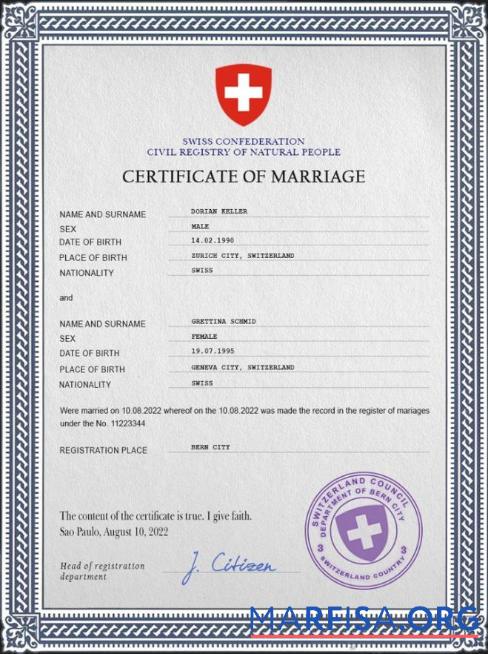 Downloadable Switzerland marriage certificate PSD template